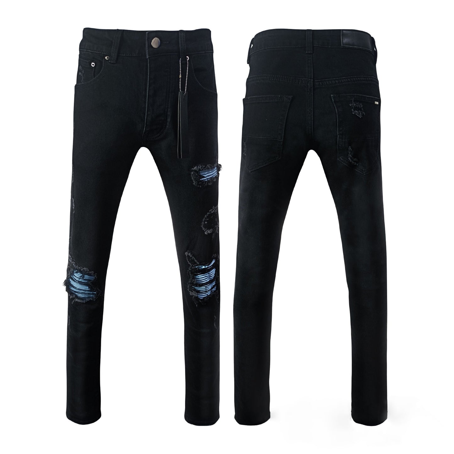 Manufacturer Wholesale Jeans AM High Street Youth Ripped Embroidery Elastic Straight Leg Slim Fit Jeans with Tage Jeans for Men