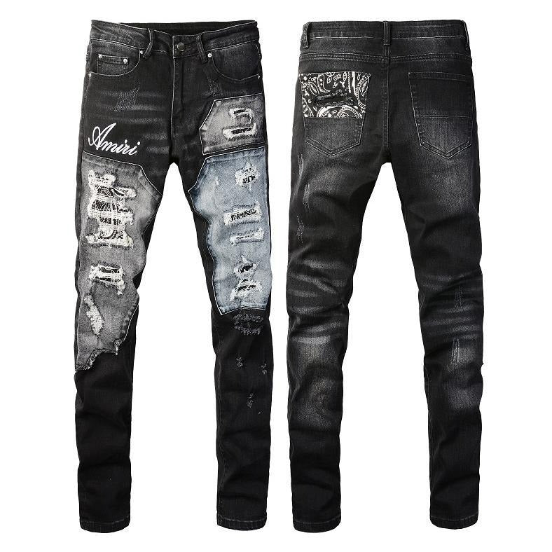 Wholesale AM IRI Heavy-duty Water Washed Perforated Men's No Tag Top Quality Leather Pencil Jeans for Men