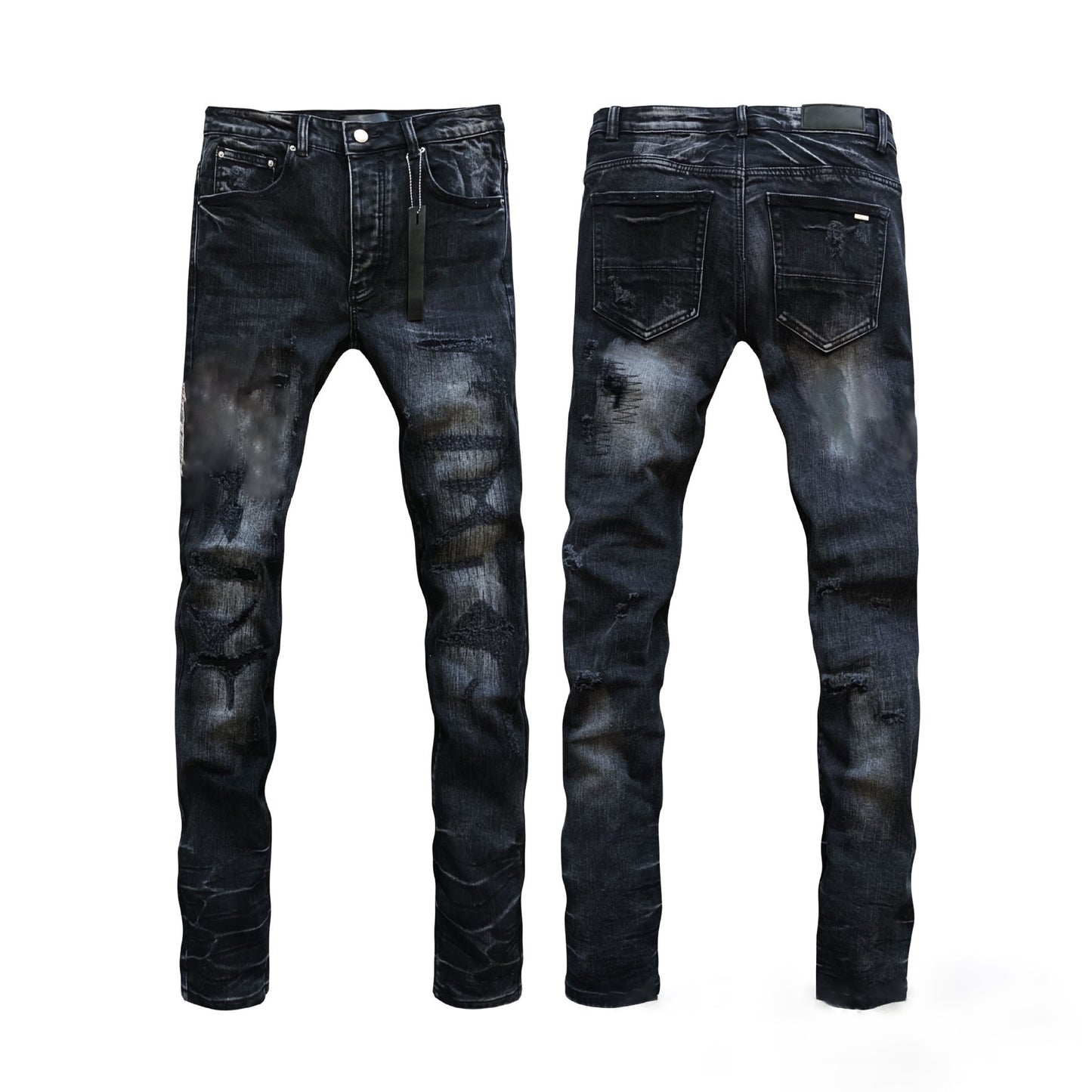 Manufacturer Wholesale Jeans AM High Street Youth Ripped Embroidery Elastic Straight Leg Slim Fit Jeans with Tage Jeans for Men