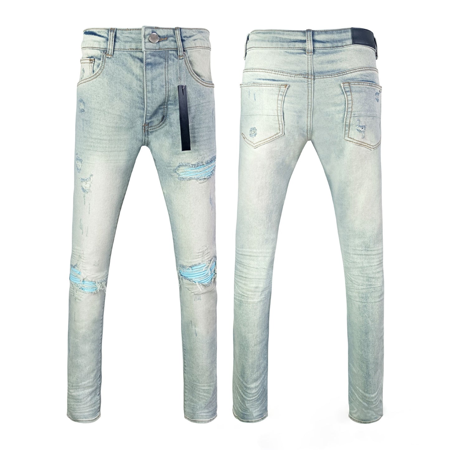 Manufacturer Wholesale Jeans AM High Street Youth Ripped Embroidery Elastic Straight Leg Slim Fit Jeans with Tage Jeans for Men