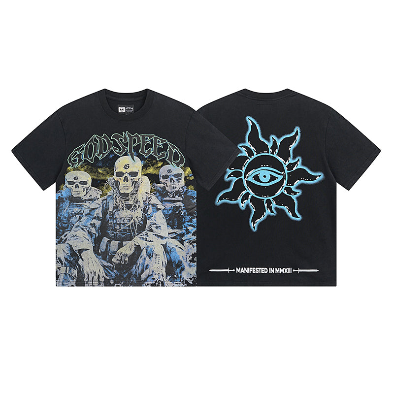 American High Street God Speed Skeleton Short sleeved Men's Couple Instagram Dark Rock Trendy T-shirt Men and Women