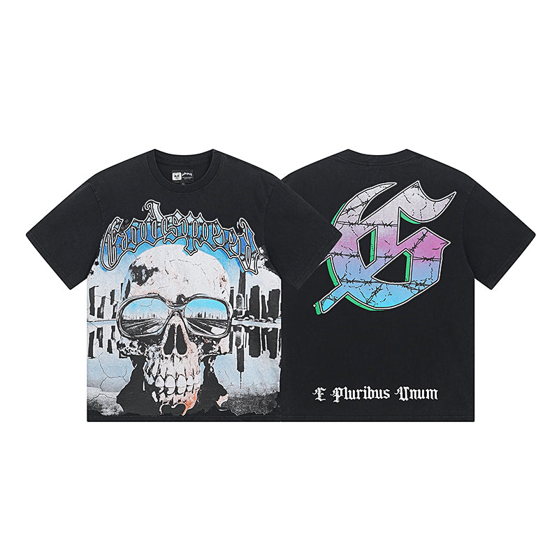American High Street God Speed Skeleton Short sleeved Men's Couple Instagram Dark Rock Trendy T-shirt Men and Women