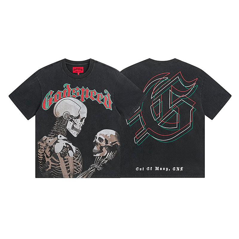 American High Street God Speed Skeleton Short sleeved Men's Couple Instagram Dark Rock Trendy T-shirt Men and Women