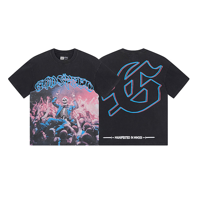 American High Street God Speed Skeleton Short sleeved Men's Couple Instagram Dark Rock Trendy T-shirt Men and Women