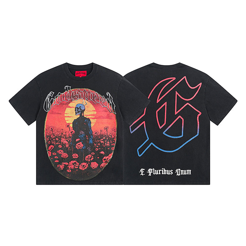 American High Street God Speed Skeleton Short sleeved Men's Couple Instagram Dark Rock Trendy T-shirt Men and Women