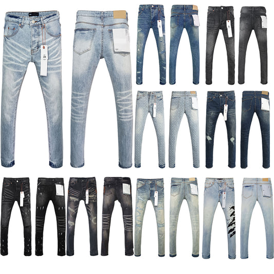 Top Quality Purples Brand Straight Jeans Washed Denim Ripped Hole American High Street for Men