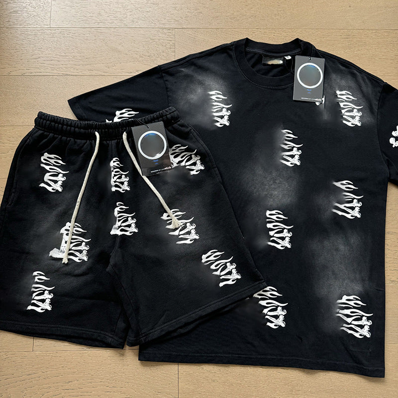 Wholesale Top Quality Hell Retro Stars NFC SCAN Printed Summer Men's and Women's Loose Short sleeved Casual Shorts Set