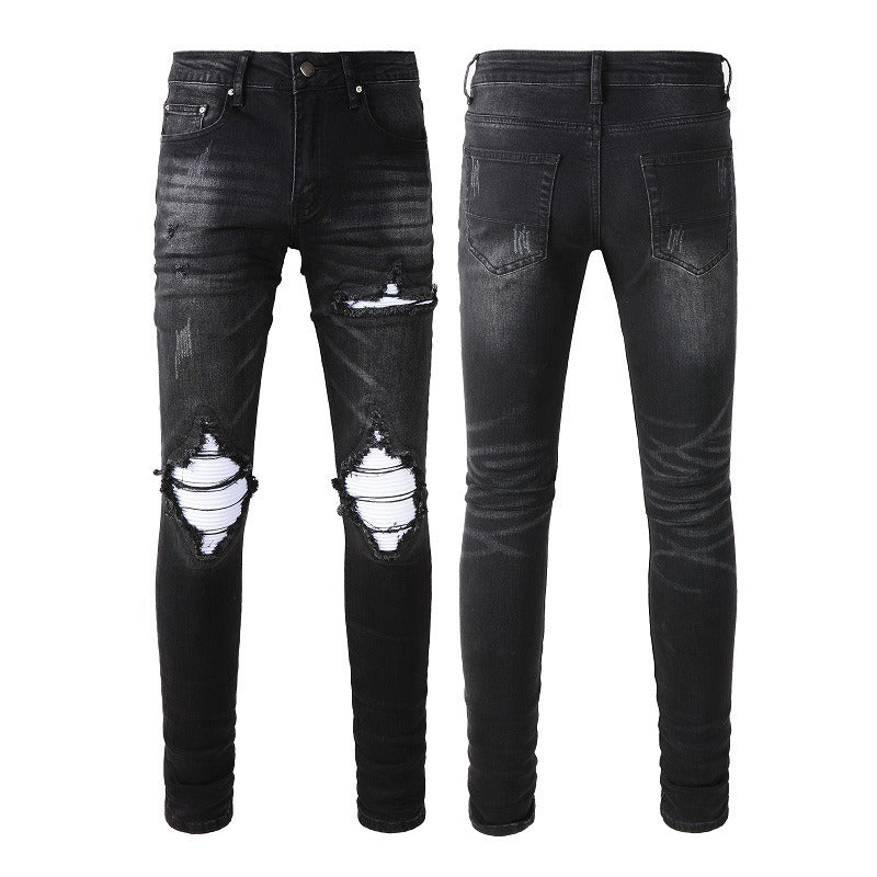 Wholesale AM IRI Heavy-duty Water Washed Perforated Men's No Tag Top Quality Leather Pencil Jeans for Men