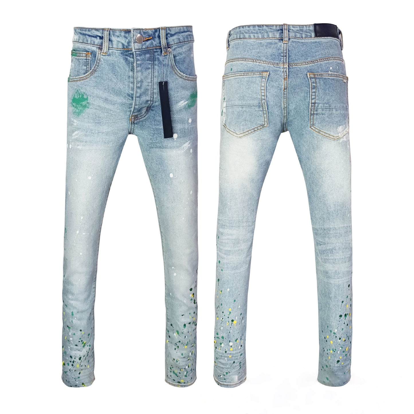 Manufacturer Wholesale Jeans AM High Street Youth Ripped Embroidery Elastic Straight Leg Slim Fit Jeans with Tage Jeans for Men
