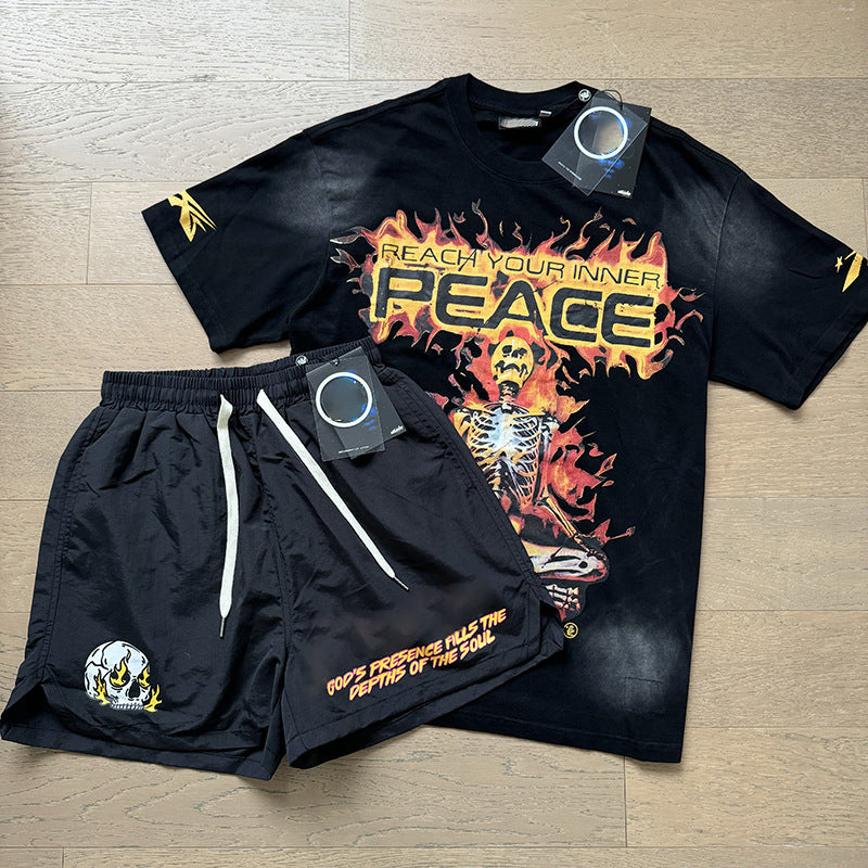 Wholesale Top Quality Hell Retro Stars NFC SCAN Printed Summer Men's and Women's Loose Short sleeved Casual Shorts Set