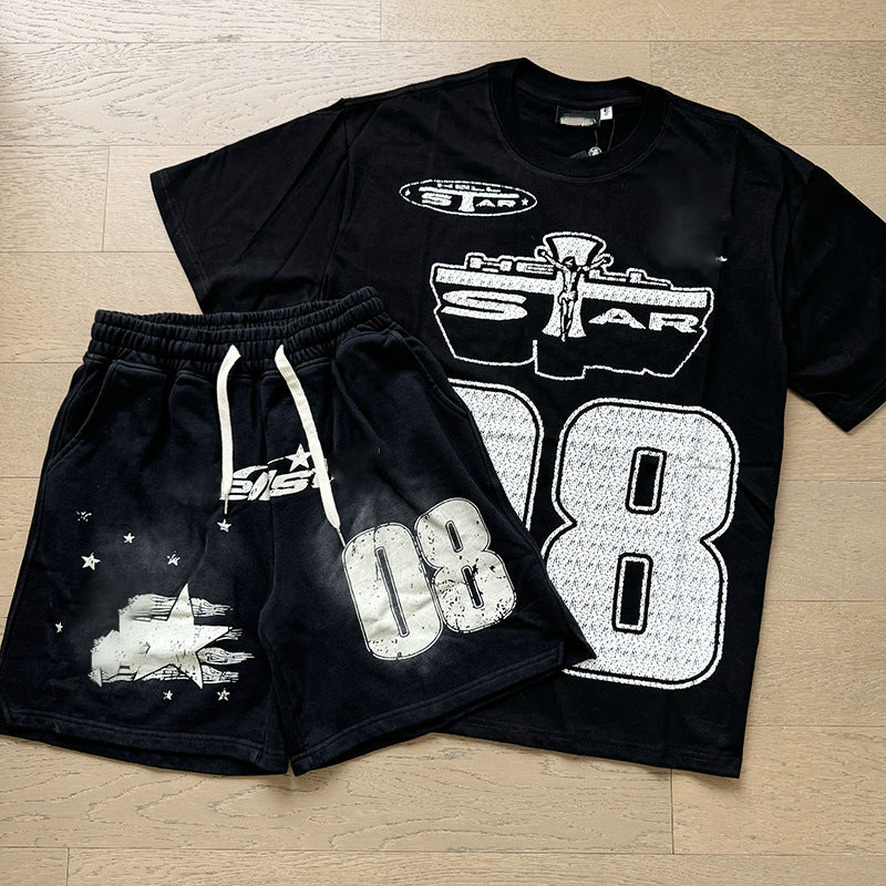 Wholesale Top Quality Hell Retro Stars NFC SCAN Printed Summer Men's and Women's Loose Short sleeved Casual Shorts Set
