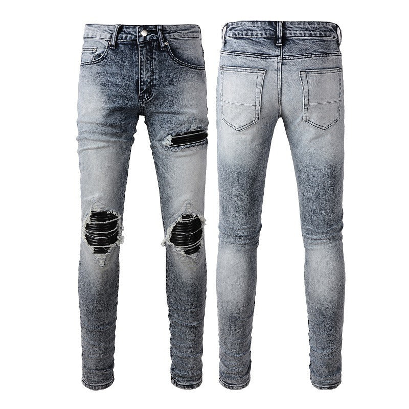 Wholesale AM IRI Heavy-duty Water Washed Perforated Men's No Tag Top Quality Leather Pencil Jeans for Men