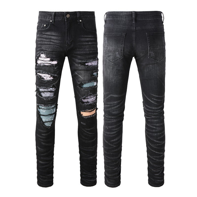 Wholesale AM IRI Heavy-duty Water Washed Perforated Men's No Tag Top Quality Leather Pencil Jeans for Men
