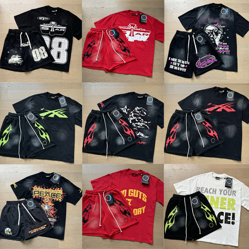 Wholesale Top Quality Hell Retro Stars NFC SCAN Printed Summer Men's and Women's Loose Short sleeved Casual Shorts Set