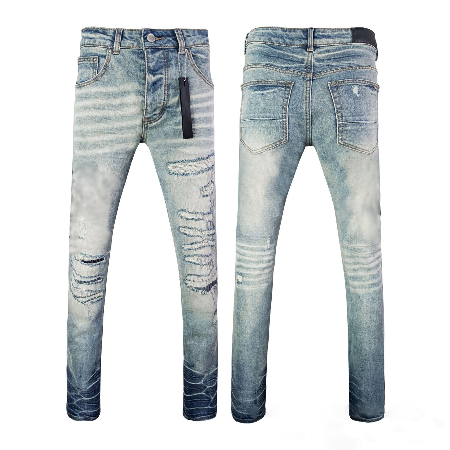 Manufacturer Wholesale Jeans AM High Street Youth Ripped Embroidery Elastic Straight Leg Slim Fit Jeans with Tage Jeans for Men