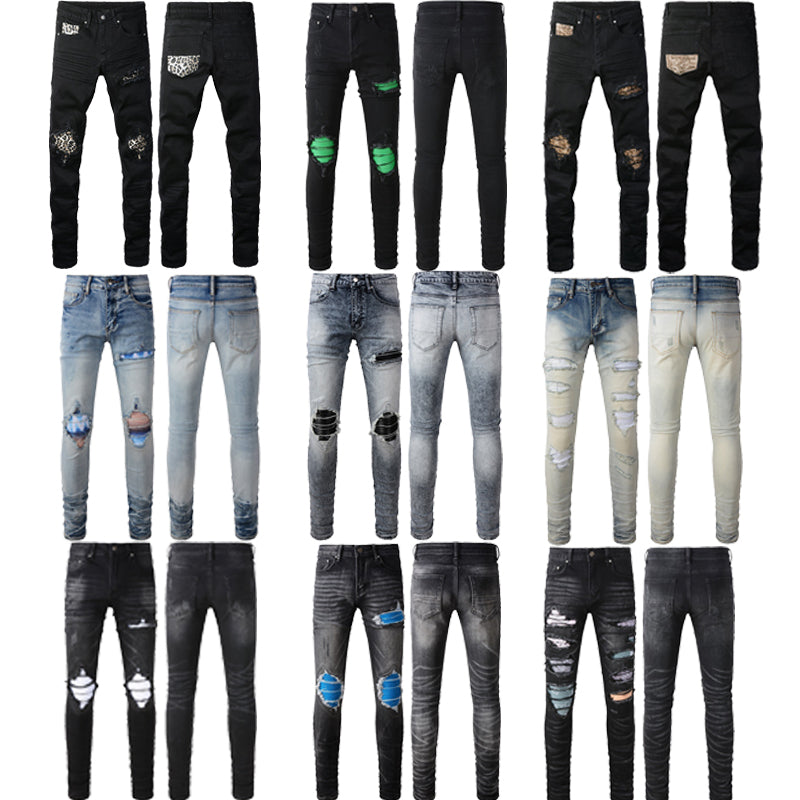 Wholesale AM IRI Heavy-duty Water Washed Perforated Men's No Tag Top Quality Leather Pencil Jeans for Men
