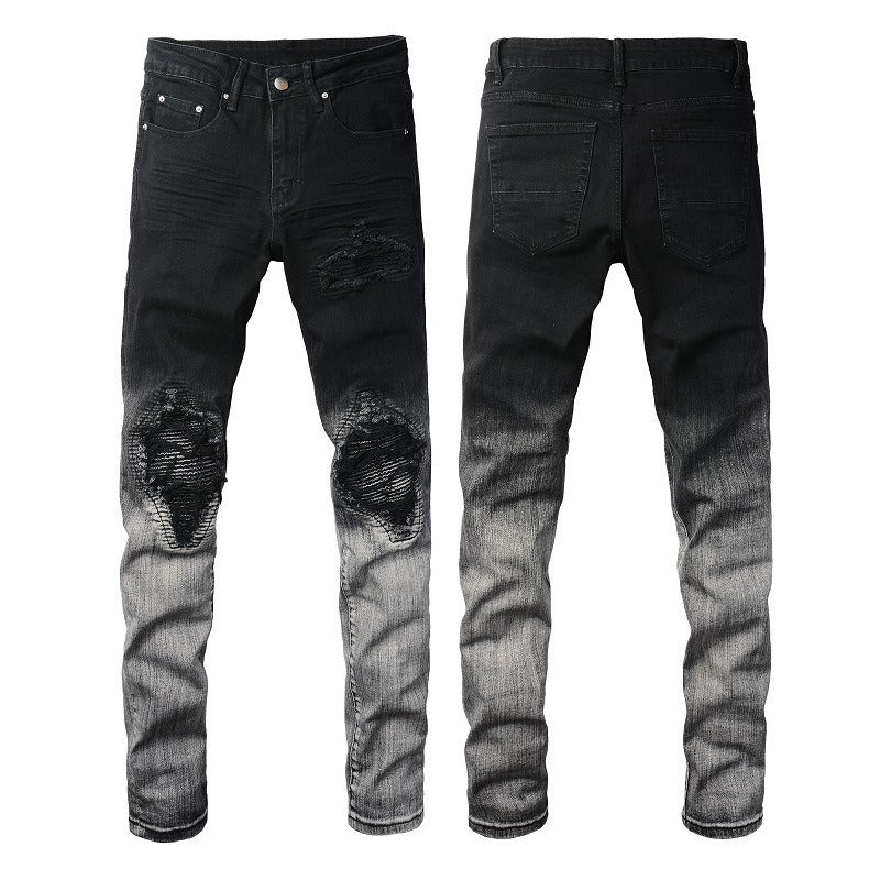 Wholesale AM IRI Heavy-duty Water Washed Perforated Men's No Tag Top Quality Leather Pencil Jeans for Men