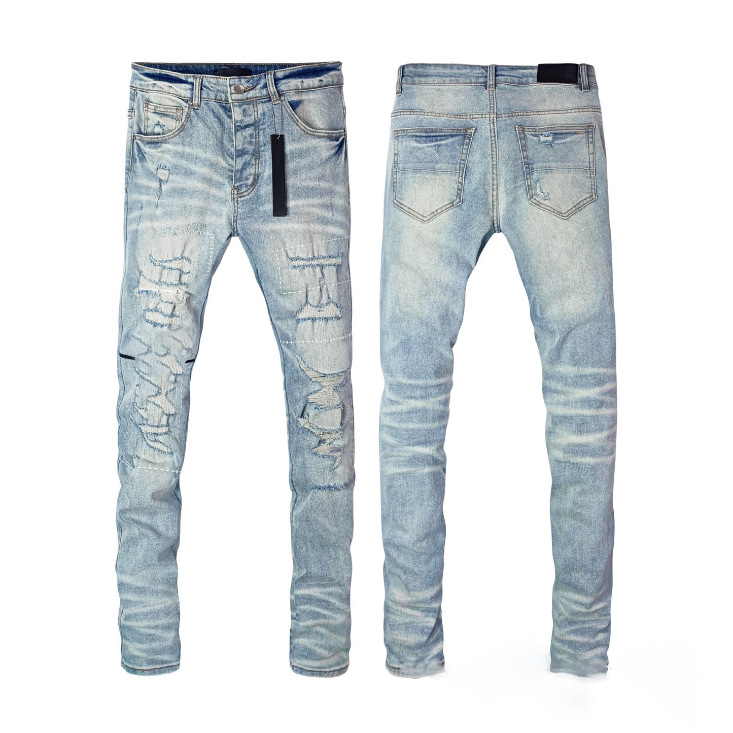 Manufacturer Wholesale Jeans AM High Street Youth Ripped Embroidery Elastic Straight Leg Slim Fit Jeans with Tage Jeans for Men