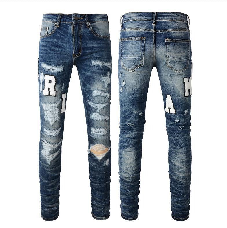 Wholesale AM IRI Heavy-duty Water Washed Perforated Men's No Tag Top Quality Leather Pencil Jeans for Men