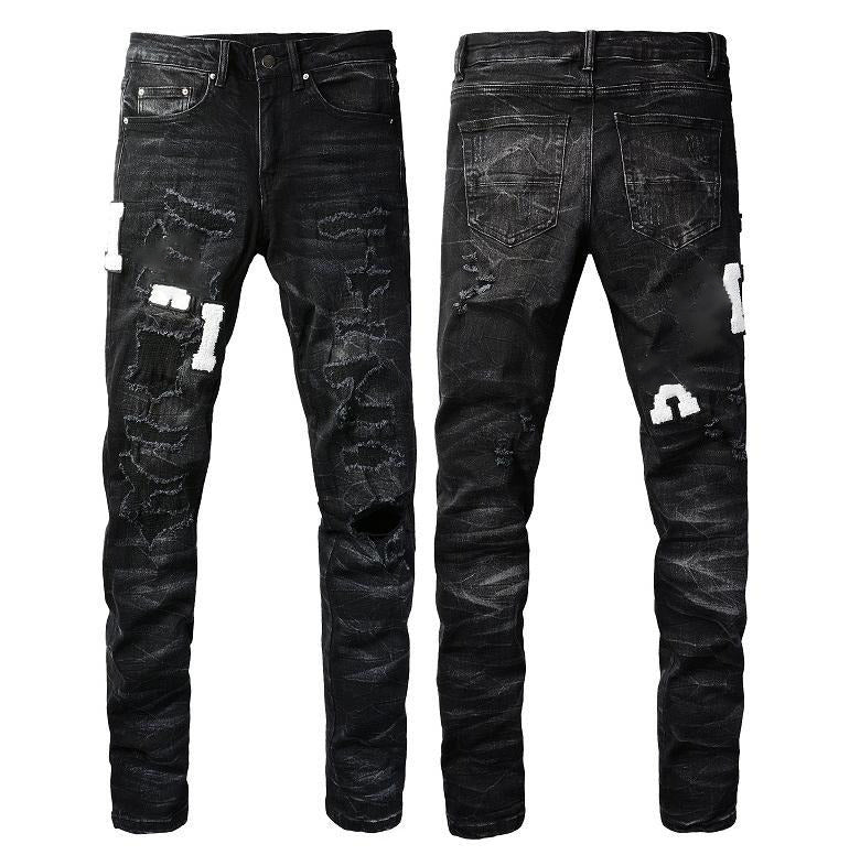Wholesale AM IRI Heavy-duty Water Washed Perforated Men's No Tag Top Quality Leather Pencil Jeans for Men