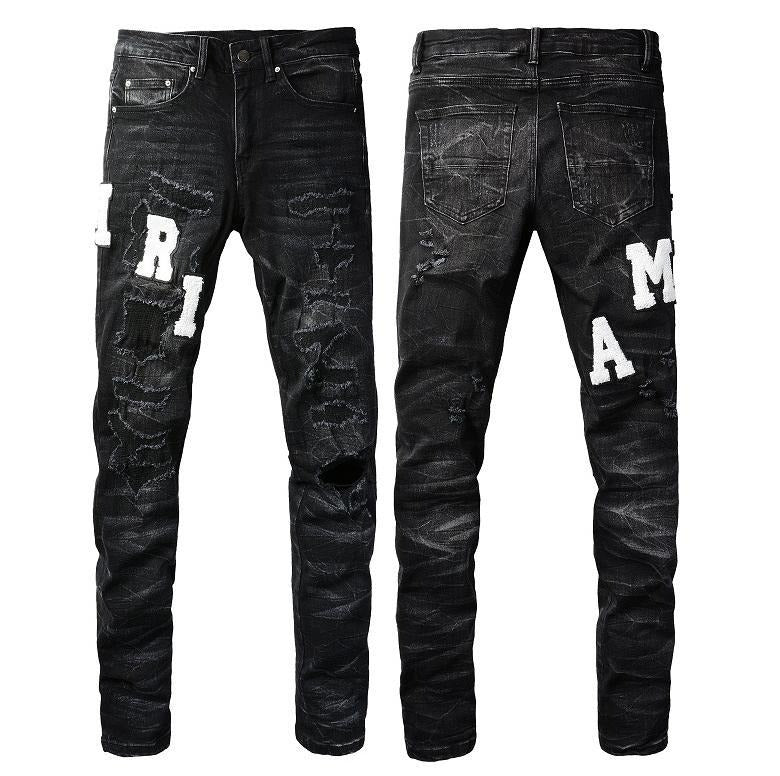Wholesale AM IRI Heavy-duty Water Washed Perforated Men's No Tag Top Quality Leather Pencil Jeans for Men