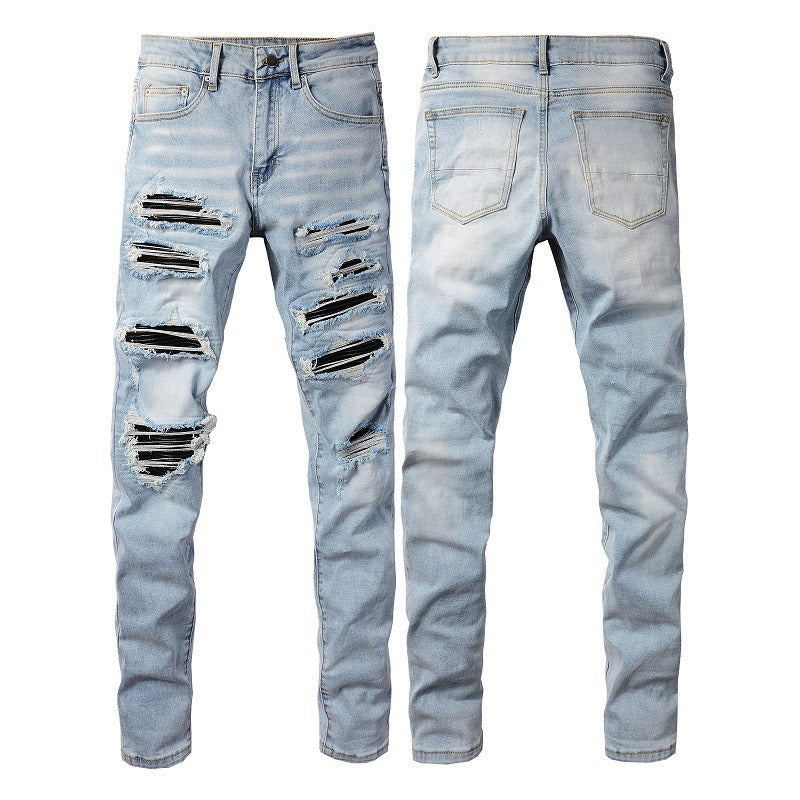 Wholesale AM IRI Heavy-duty Water Washed Perforated Men's No Tag Top Quality Leather Pencil Jeans for Men