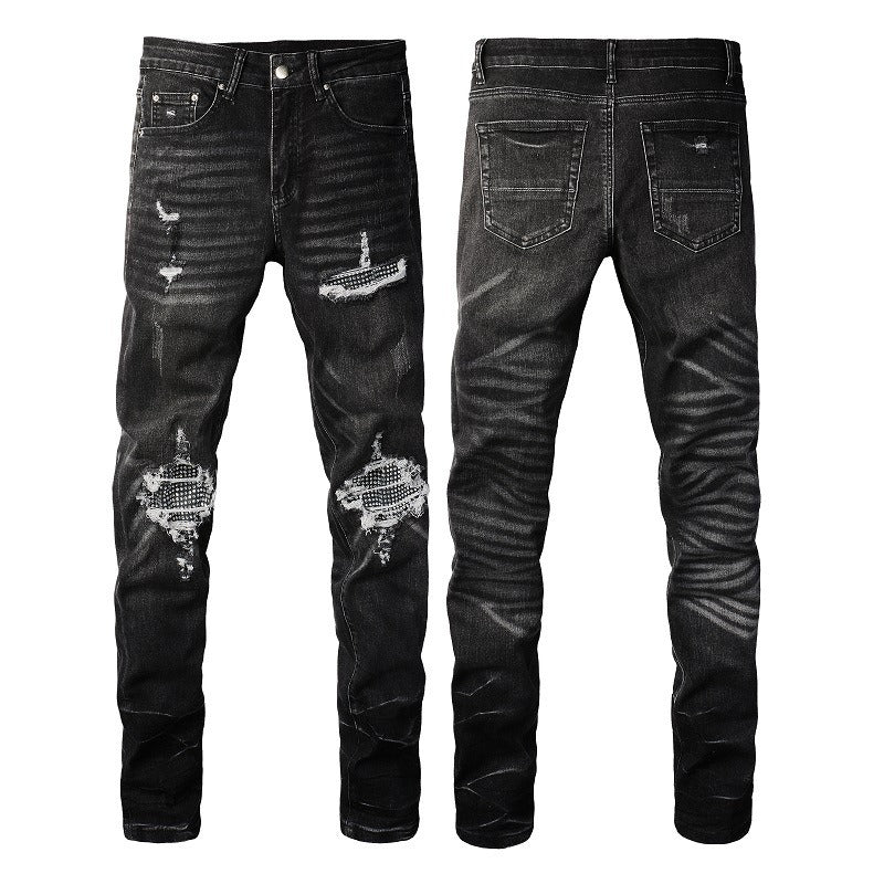 Wholesale AM IRI Heavy-duty Water Washed Perforated Men's No Tag Top Quality Leather Pencil Jeans for Men