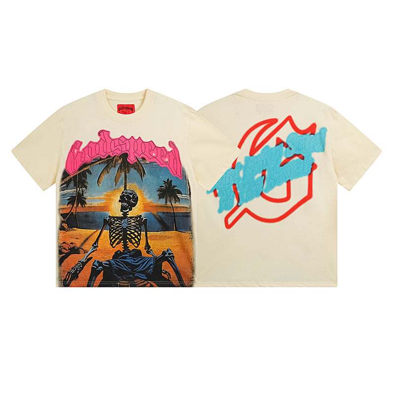 American High Street God Speed Skeleton Short sleeved Men's Couple Instagram Dark Rock Trendy T-shirt Men and Women