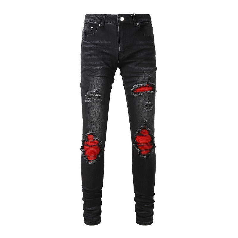 Wholesale AM IRI Heavy-duty Water Washed Perforated Men's No Tag Top Quality Leather Pencil Jeans for Men
