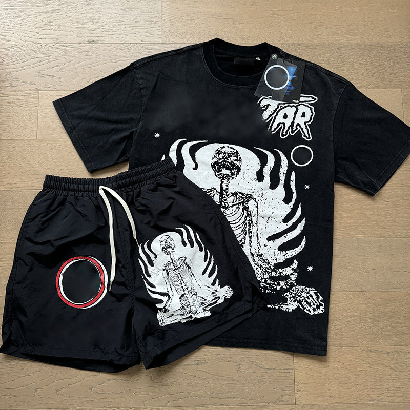 Wholesale Top Quality Hell Retro Stars NFC SCAN Printed Summer Men's and Women's Loose Short sleeved Casual Shorts Set