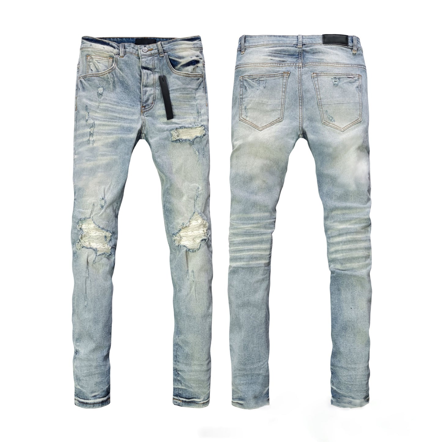 Manufacturer Wholesale Jeans AM High Street Youth Ripped Embroidery Elastic Straight Leg Slim Fit Jeans with Tage Jeans for Men