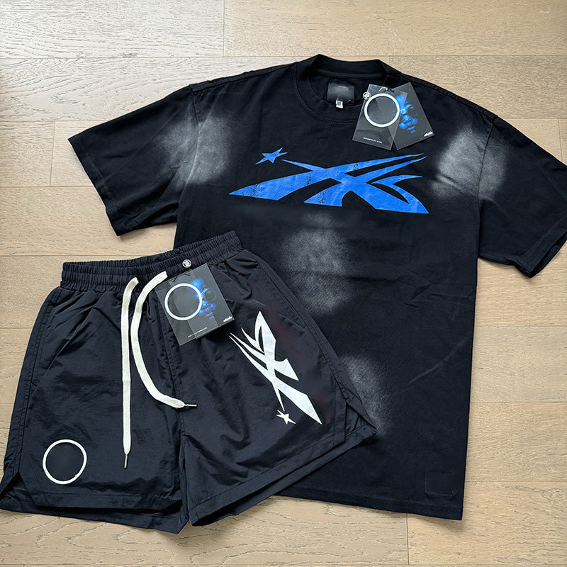 Wholesale Top Quality Hell Retro Stars NFC SCAN Printed Summer Men's and Women's Loose Short sleeved Casual Shorts Set