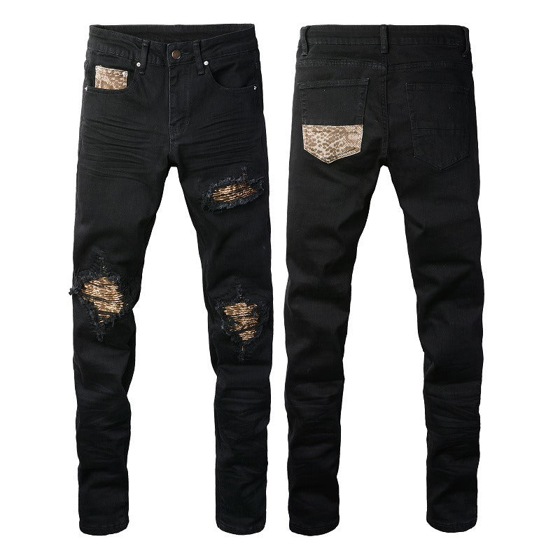Wholesale AM IRI Heavy-duty Water Washed Perforated Men's No Tag Top Quality Leather Pencil Jeans for Men