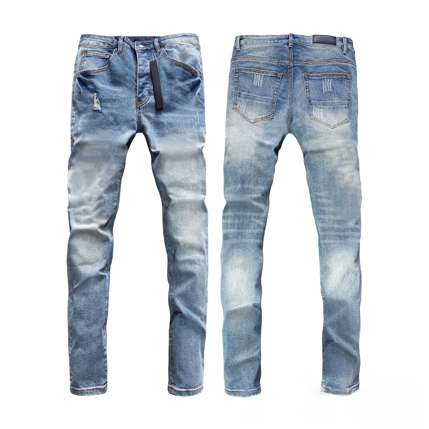 Manufacturer Wholesale Jeans AM High Street Youth Ripped Embroidery Elastic Straight Leg Slim Fit Jeans with Tage Jeans for Men
