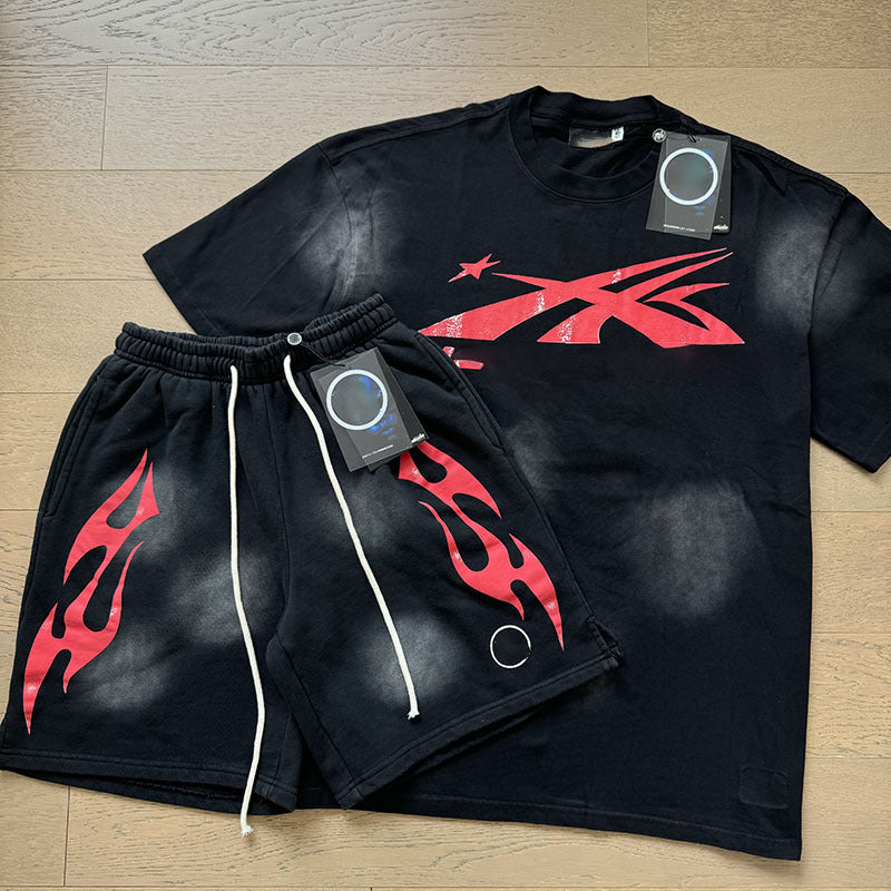 Wholesale Top Quality Hell Retro Stars NFC SCAN Printed Summer Men's and Women's Loose Short sleeved Casual Shorts Set