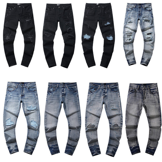 New Hot Selling Wholesale American High Street Ripped Patch Trend Retro Straight Leg AMI Jeans RI Pants for Men