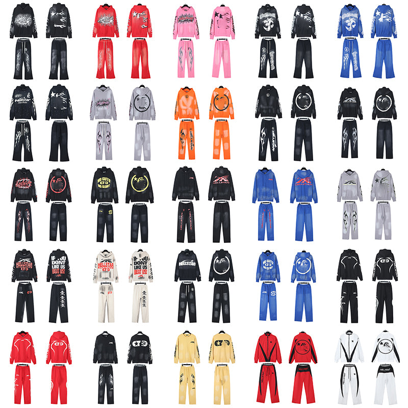 2025 Top Quality Men's Clothing Set Hell Stars Print Pullover Hoodie & Pant Trousers 100% Cotton Tracksuits Custom Sweatshirts for Men