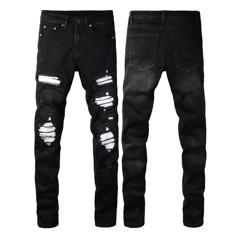 Wholesale AM IRI Heavy-duty Water Washed Perforated Men's No Tag Top Quality Leather Pencil Jeans for Men