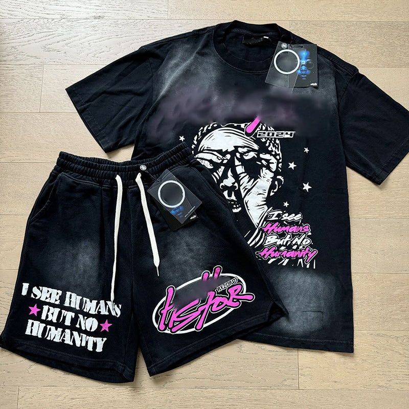 Wholesale Top Quality Hell Retro Stars NFC SCAN Printed Summer Men's and Women's Loose Short sleeved Casual Shorts Set