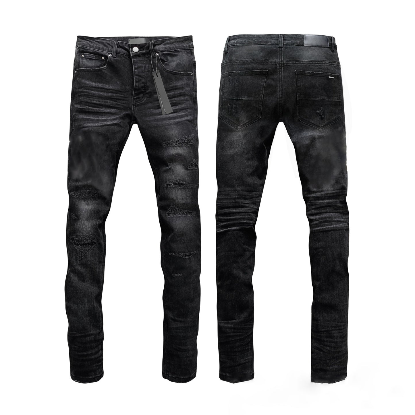 Manufacturer Wholesale Jeans AM High Street Youth Ripped Embroidery Elastic Straight Leg Slim Fit Jeans with Tage Jeans for Men