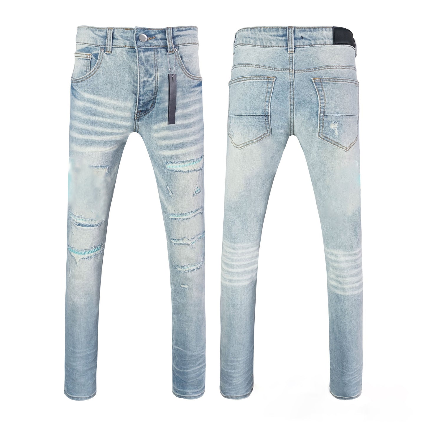 Manufacturer Wholesale Jeans AM High Street Youth Ripped Embroidery Elastic Straight Leg Slim Fit Jeans with Tage Jeans for Men