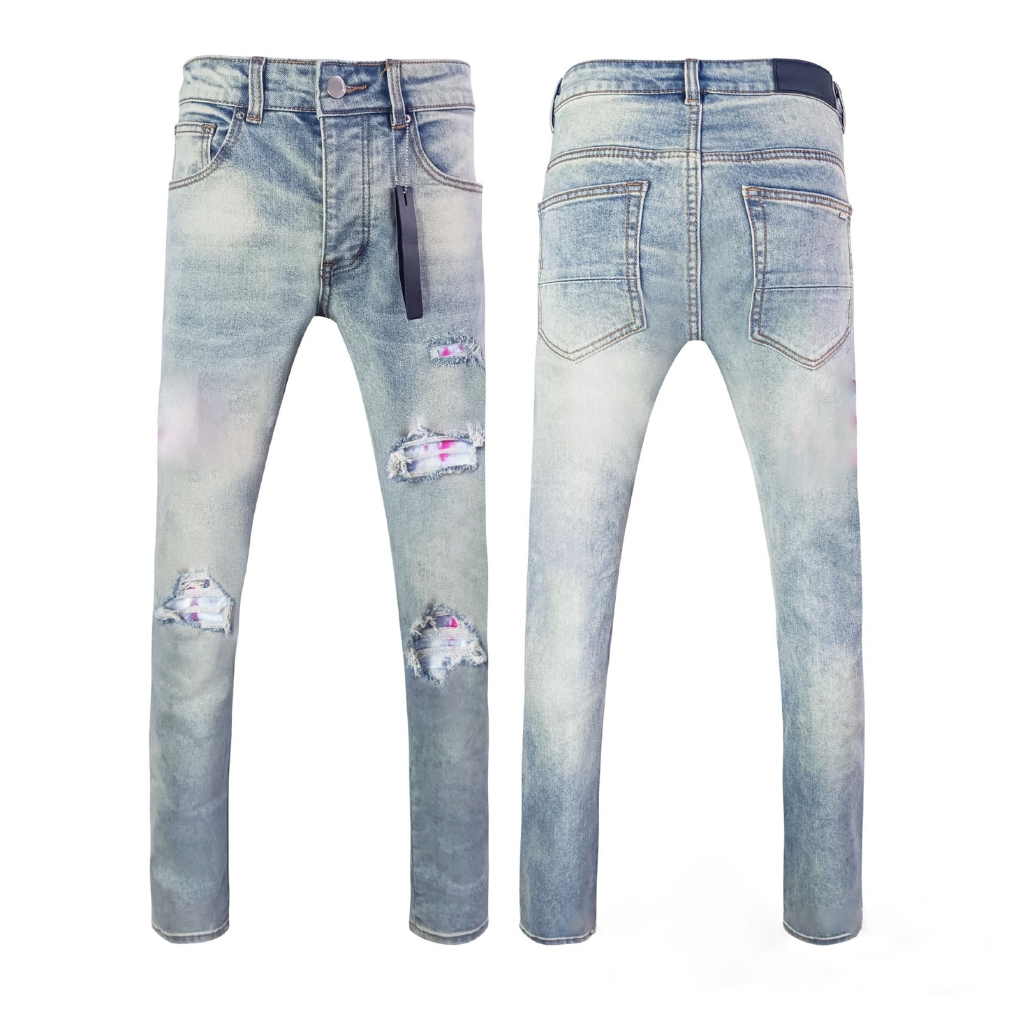 Manufacturer Wholesale Jeans AM High Street Youth Ripped Embroidery Elastic Straight Leg Slim Fit Jeans with Tage Jeans for Men