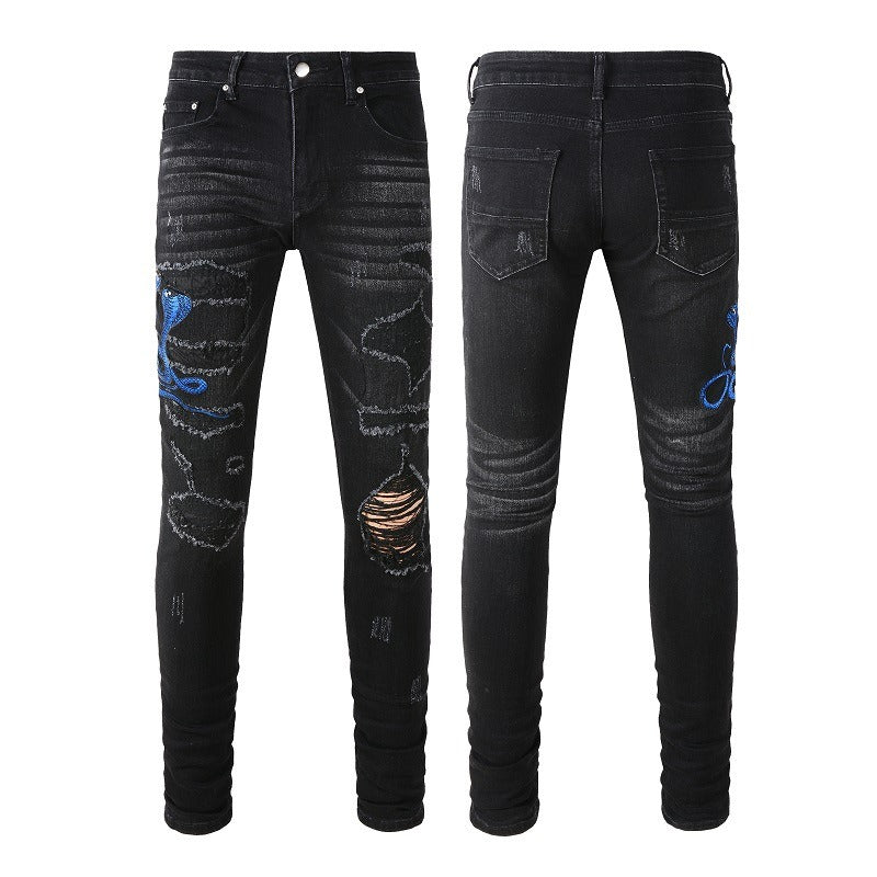 Wholesale AM IRI Heavy-duty Water Washed Perforated Men's No Tag Top Quality Leather Pencil Jeans for Men