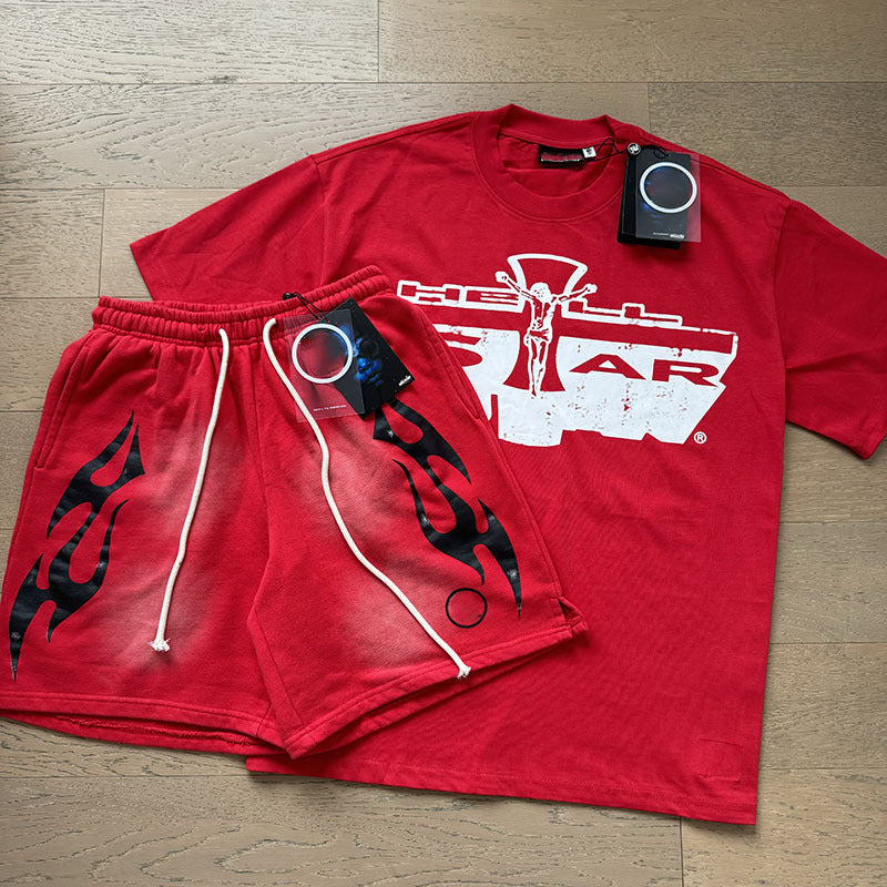 Wholesale Top Quality Hell Retro Stars NFC SCAN Printed Summer Men's and Women's Loose Short sleeved Casual Shorts Set